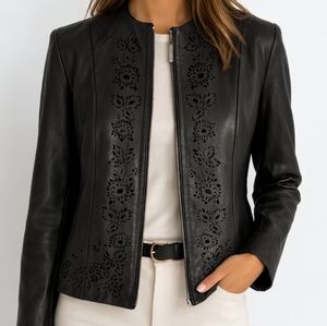 Lambskin Leather Jacket Zipper Soft Luxury Floral Cutout Artsy Boho Black Size S